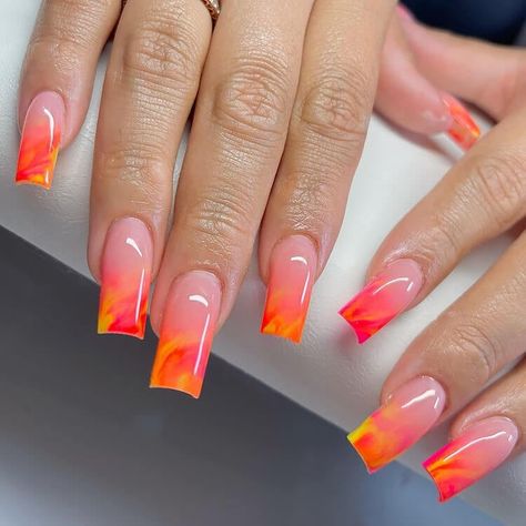 38 Orange Nail Designs to Freshen Up Your Look - Beautiful Dawn Designs Short Square Nails Ideas Orange, Acrylic Nails With Orange Design, Acrylic Nail Summer Designs, Pink Orange Yellow Ombre Nails, Summer Nails Orange And Yellow, Summer Nails Long Acrylic, Pink Orange Acrylic Nails, Short Acrylic Nails Designs Orange, Short Acrylic Nails Summer Colors