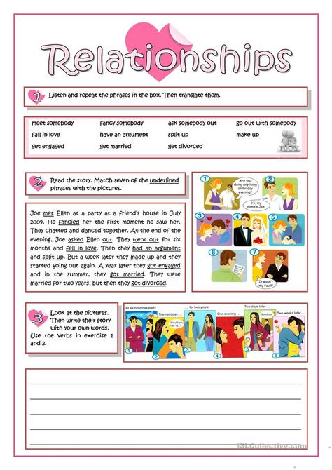 RELATIONSHIPS - English ESL Worksheets for distance learning and physical classrooms Verbs Vocabulary, Teaching Verbs, Relationship Worksheets, Reading Comprehension For Kids, English Teaching Resources, Conversational English, Action Verbs, English Verbs, Classroom Language