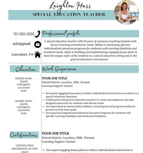 Teacher Resume Digital Template Sped Paraprofessional, Education Resume, Resume Template Examples, Teacher Resume Template, Learning Support, Professional Resume Template, Resume Builder, Resume Sample, Downloadable Resume Template