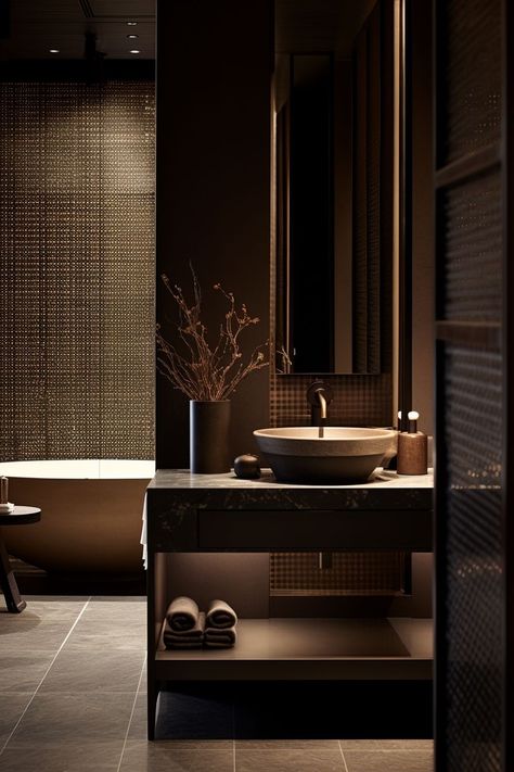 Christian Liaigre Bathroom, Dark Japanese Interior Design, Interior Design Portfolio Layout, Home Spa Room, Bathroom Design Black, Restroom Design, Dark Bathrooms, Bathroom Design Inspiration, Jw Marriott