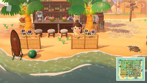 Love the simple panels in the back! Wish I knew the code... Acnh Beach Bar, Beach Bar Ideas, Acnh Areas, Citycore Acnh, Villager House, Animal Crossing Cafe, Acnh Beach, Yoga Zone, Ac Ideas