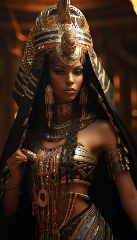 a dark skinned beautiful queen from an alien world with 4 arms is seductive in exaggerated Egyptian traditional style wedding attire --ar 4:7 Egyptian Kings And Queens, Egyptian Goddess Art, Ancient Egypt Pharaohs, Woman Artwork, 4 Arms, African Princess, Black Woman Artwork, Angel Images, Kings And Queens