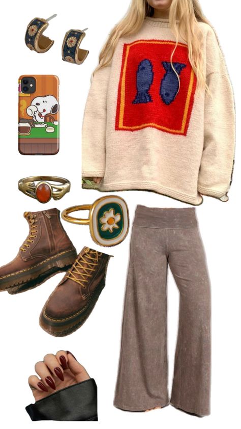 Looking for the perfect cozy fall outfit? This cottagecore-inspired look is giving all the vintage vibes! Featuring a quirky oversized fish sweater, wide-leg corduroy pants, and rugged leather boots, this comfy style is perfect for chilly autumn days. Complete the look with boho-chic accessories like floral rings, retro earrings, and a cute Snoopy phone case. Add dark red nails to tie it all together! Perfect for layering, coffee shop hangs, and nature walks.  #CottagecoreFashion #BohoOutfitIdeas #VintageFallLooks #CozyAutumnVibes #WideLegPants #OversizedSweater #BohoJewelry #FallWardrobeEssentials #QuirkyFashion #SustainableFashion #outfitinspo Fall Cottagecore Outfits, Cottagecore Fall Outfits, Fish Sweater, Cute Snoopy, Fall Cottagecore, Boho Chic Accessories, Cottagecore Outfit, Dark Red Nails, Cozy Boho