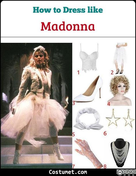 Iconic Madonna Outfits 80s, Outfits For Madonna Concert, Musical Icons Costume, Madonna Like A Virgin Costume, Musicians Costumes Ideas, Famous Musicians Costumes, Madonna Iconic Looks, Like A Virgin Costume, Madonna Fancy Dress