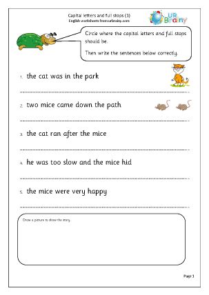 Introduction to using capital letters and full stops in simple sentences. Capital Letters And Full Stops Worksheet, Capital Letters Activities, Teaching Punctuation, Capital Letters Worksheet, Incomplete Sentences, Punctuation Worksheets, Use Of Capital Letters, English Grammar For Kids, Cursive Writing Worksheets