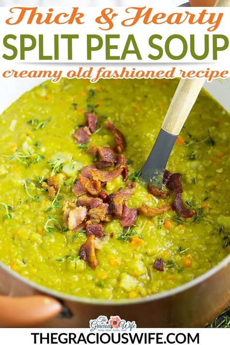 Thick and hearty, this Split Pea Soup is a creamy old fashioned recipe that's easy to make right on the stove top. Perfect to use up leftover ham and warm you up on a cold day. Split pea soup may not be the prettiest soup, but this version certainly is delicious. If you've ever had split pea soup from a can, I'm sorry. But don't base your like (or dislike, as the case probably is) of this simple soup on that experience. | @graciouswife #easyhomemadesplitpeasoup #splitpeasoup #splitpea Pea Soup Crockpot, Easy Split Pea Soup, Split Pea Soup Crockpot, Wife Recipes, Pea Soup Recipe, Warm Soup Recipes, Old Fashioned Recipe, Split Pea Soup Recipe, Pea And Ham Soup