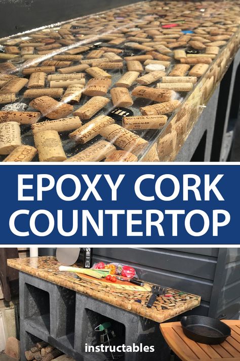 Cork Bar Top, Wine Corks Projects, Wine Cork Tables, Whiskey Cork Ideas, Wine Cork Countertop, Cork Countertops, Wine Cork Table Top, Cork Art Projects, Wine Corks Ideas