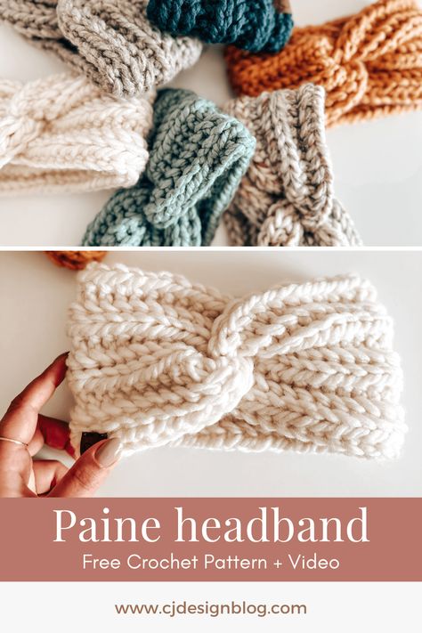 Crochet this headband in 25 minutes – Free pattern and video - CJ Design Blog Kc Yarn Crochet Patterns, Small Chunky Yarn Crochet Projects, 6 Yarn Crochet Pattern, Crochet Braided Headband Pattern Free, Briana K Designs Crochet, Crochet Head Warmer, Chunky Crochet Ear Warmer, Ear Warmers Crochet Pattern Free, Chunky Crochet Headband