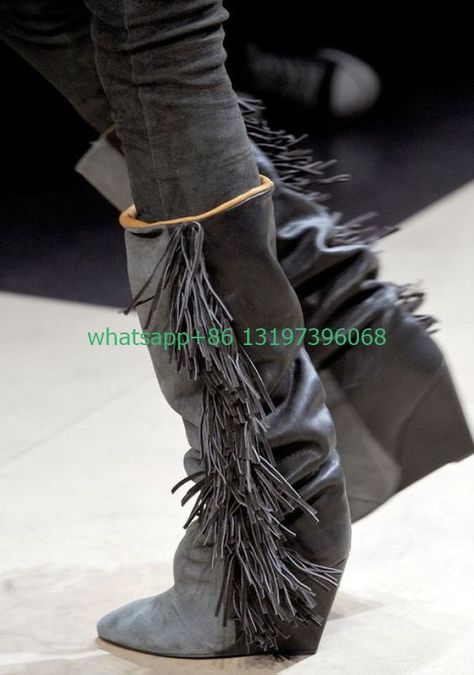 Lady white suede nude wedges heel knee boots pointed toe suede tassel office lady dress boots runway Catwalk Shoes, Isabel Marant Boots, Suede Fringe Boots, Isabel Marant Shoes, Women's Motorcycle Boots, Fringe Boots, Motorcycle Women, Stunning Outfits, Fashion Week Runway