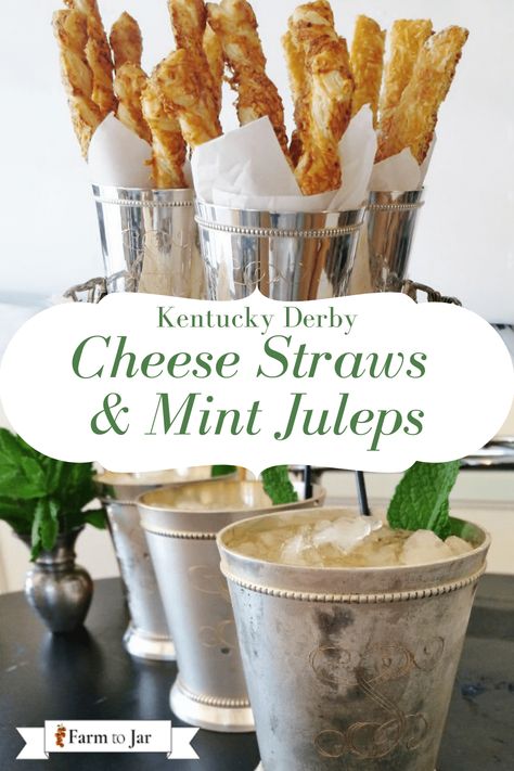 Cheese Straws & Mint Juleps for Kentucky Derby parties - farmtojar.com Derby Appetizers, Kentucky Derby Appetizers, Kentucky Derby Food, Kentucky Derby Themed Party, Derby Party Food, Kentucky Derby Party Decorations, Kentucky Derby Party Food, Julep Recipe, Derby Party Decorations