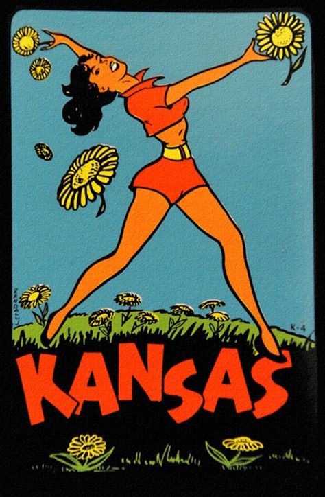 Vintage Kansas Pin up | Roger Wilkerson, The Suburban Legend. | Kansas Roger Wilkerson, Vintage Kansas City, Pin Up Drawings, Kansas Usa, Tourist Map, Vintage Words, Retro Sign, Travel Stickers, Nose Art