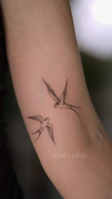 Swallow Tattoo Women Small, Two Bird Tattoos For Women, Flying Swallow Tattoo, Woman’s Tatoos, Twin Bird Tattoo, Couple Bird Tattoos, Pair Of Birds Tattoo, Bird Sun Tattoo, Small Bird Tattoos For Women Arm