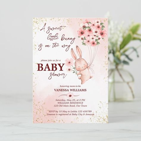 Little bunny is on the way baby shower invitation template Some Bunny Special Is On The Way, Bunny With Flowers, Template Cute, Baby Shower Invitation Template, Personalized Napkins, Pink Bunny, Baby Shower Invites, Reveal Ideas, Flowers Pink