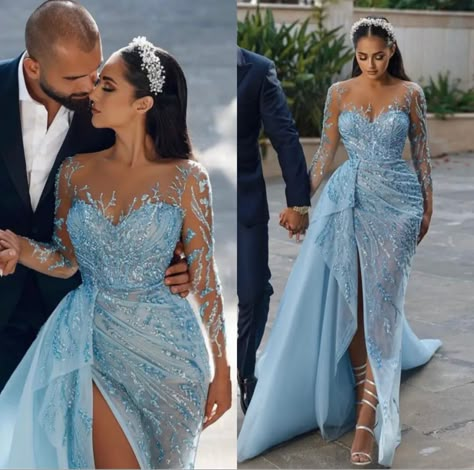 Elegant Prom Dresses Blue, Light Blue Wedding Dress The Bride, Dress 2024 Trend, Engagement Dress Blue, Blue Reception Dress, Light Blue Wedding Dress, Civil Dress, Wedding Gown A Line, Dreamy Gowns