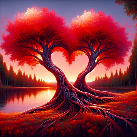 "Experience love through a heartwarming scene with intertwined heart-shaped trees, their leaves in passionate shades of red. Deeply interwoven roots depict strength, all set in a serene sunset and calm lake. Love is waiting... link in profile. #LoveArt #AIgenerated #PassionateScenery #HeartShapedTrees #SunsetLove #LakeSerenity" Lake Love, Pin Wall, Intertwined Hearts, Green Houses, Cricut Craft, Romantic Moments, Willow Tree, Tree Shapes, Surreal Art