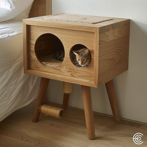 The Cat Scratching Post Bedside Table combines functionality and style. Featuring a built-in scratching post inside the table, it offers a discreet and durable solution for your cat’s scratching needs. The tabletop is perfect for holding a lamp, books, or other essentials, seamlessly fitting into any bedroom decor while keeping your cat entertained and your furniture protected. Conceptual AI Art Follow @ecosapiens for more! Cat Scratcher Side Table, Cat Bed Side Table, Bedside Table Pet Bed, Cat Bed Furniture End Tables, Night Stand Cat Bed, Cat Scratching Post, Scratching Post, Cat Scratching, Cat Furniture