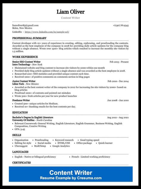 Content Writer Resume Example Content Writer Resume, Writer Job, Resume Summary Statement, Writer Resume, Resume Format Examples, Writing Resume, Resume Summary Examples, Writer Jobs, Resume Summary