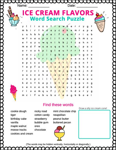 Fun summertime activity for the kids...ice cream word search puzzle!   This colorful word search has 17 of the most popular ice cream flavors in one word search.  It is a free printable word search for kids, but adults will enjoy it too. (Just be careful it may make you crave ice cream!)   #wordsearch  #wordsearchforkids  #icecream  #icecreamflavors  #wordsearchpuzzles  #activitiesforkids  #summeractivities  #summeractivitiesforkids Ice Cream Word Search, 2nd Grade Word Search Free Printable, Summer Word Search Free Printable, Wordsearches For Adults, Wordsearches For Kids Free Printable, Wordsearches For Kids, August Word, Crossword Puzzles For Kids, Word Puzzles For Kids