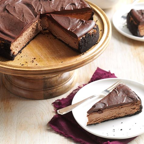 Chocolate Truffle Cheesecake Recipe -If you delight in the taste of chocolate, then this is the cheesecake for you. Every creamy bite melts in your mouth. It's so impressive yet not difficult to prepare-I whip up this dessert each time I want a yummy treat for my family, friends or co-workers. —Mary Jones, Cumberland, Maine Chocolate Truffle Cheesecake Recipe, Truffle Cheesecake, Black Forrest, Spring Form, White Chocolate Cheesecake, Vegetarian Bake, Baking Cocoa, Chocolate Truffle, Chocolate Wafers