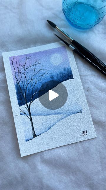 Watercolor Art Winter Easy, Watercolour Snow Scenes Winter Landscape, Watercolour Winter Landscape, Easy Landscape Paintings Tutorials, Watercolor Winter Landscape Tutorial, Winter Scene Paintings Easy, Winter Watercolor Landscape, Easy Watercolour Landscapes, Watercolour Inspiration Landscape Easy