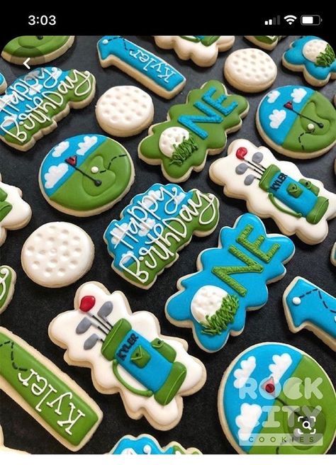 1st Birthday Golf Theme Cookies, Hole In One Birthday Cookies, Hole In One First Birthday Cookies, Golf Cookies, Golf Birthday Cakes, Golf Cake, Golf Birthday Party, Golf Party, Golf Theme