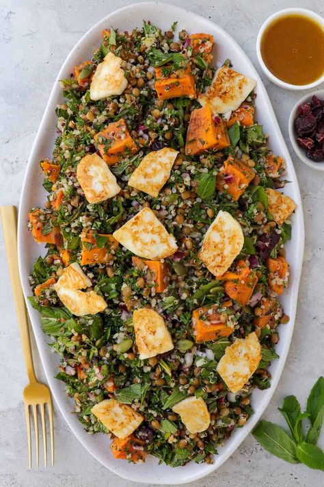 Sweet Potato Quinoa Salad, Holiday Dinner Menu, Lemon Vinaigrette Dressing, Meatless Mains, Lentils And Quinoa, Fried Halloumi, Quinoa Sweet Potato, Halloumi Salad, Sweet Potato Salad