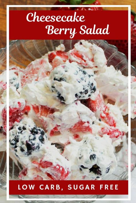 Cheesecake Berry Salad is one of the most delicious low carb salads you can make. Filled with fresh berries and cream cheese, this stellar low carb carb dish can double as a salad or as a sugar free dessert! #cheesecakeberrysalad #lowcarb Desserts Diabetics Can Eat, Sugar Free Fruit Desserts, Sugar Free Desserts For Diabetics Low Carb, Sugar Free Cheesecake Jello Recipes, Sugar Free Jello Cheesecake Recipes, Sugar Free Jello Recipes, Cheesecake Berry Salad, Sugar Free Jello Desserts, Low Carb Low Sugar Desserts