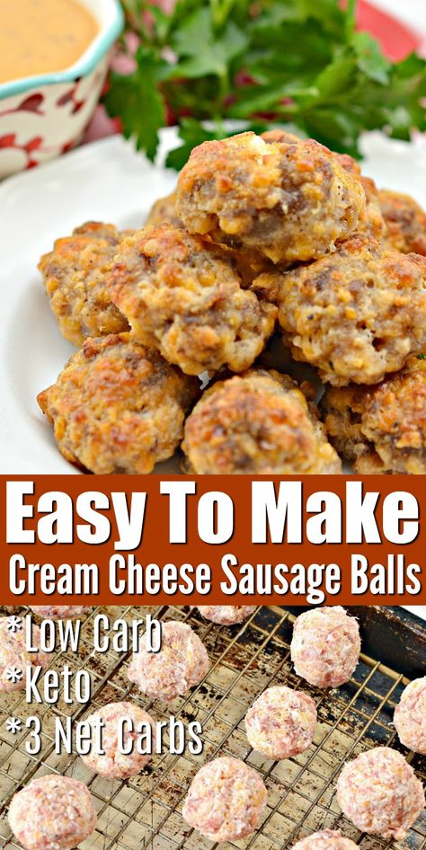 Sausage Cheese Balls Keto, Low Carb Sausage Balls With Cream Cheese, Low Carb Grab And Go Breakfast, Bariatric Football Food, Keto Sausage Balls With Cream Cheese, Low Carb Cheese Ball Recipe, Sausage Cream Cheese Keto Recipes, Keto Cream Cheese Sausage Balls, Keto Bisquick Recipe