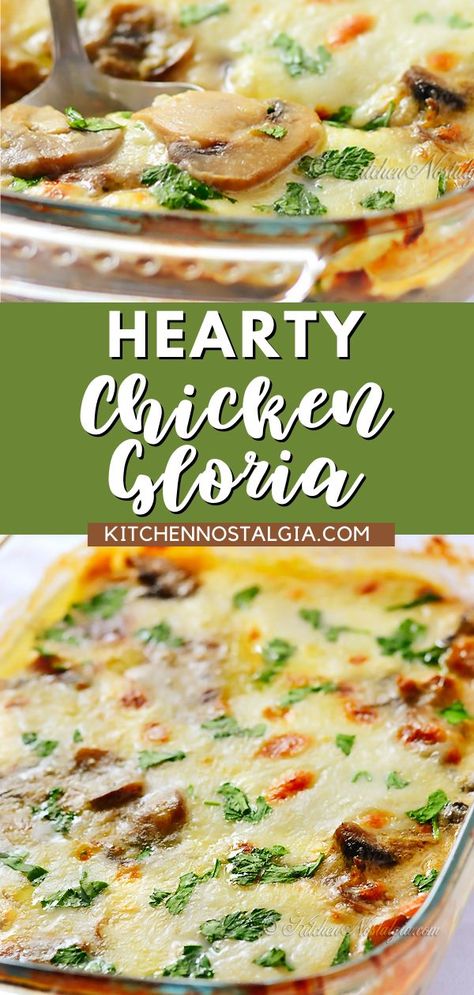 Warm up your weeknight dinner rotation with this easy and delicious Chicken Gloria Casserole. Filled with hearty mushrooms and smothered in a creamy sauce, this dish is sure to become one of your favorites. Top it off with melted cheese for an extra special touch. This casserole is sure to please the entire family. Chicken Gloria Recipe, Chicken Gloria Casserole, Chicken Gloria, Mushroom And Chicken, Asian Steak Bites, Chicken Recipes Boneless, Dinner Rotation, Hearty Chicken, Grilling Chicken Breast