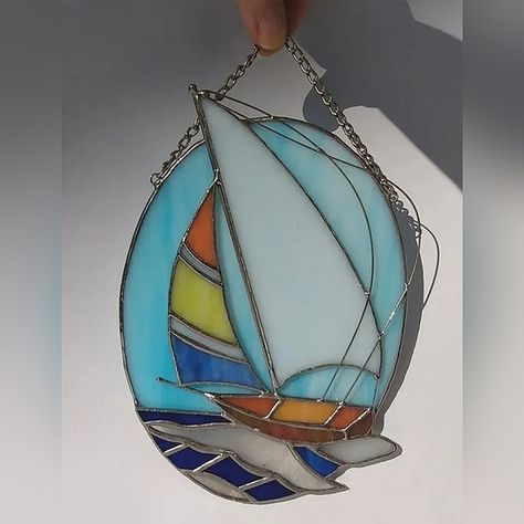 Vtg SAILBOAT slag stained glass sun catcher nautical handmade sailing 3D Stained Glass Sailboat, Stained Glass 3d, Glass Boat, Stained Glass Sun, Vintage Sun, Glass Bottle Crafts, Sun Catcher, Bottle Crafts, Glass Bottle