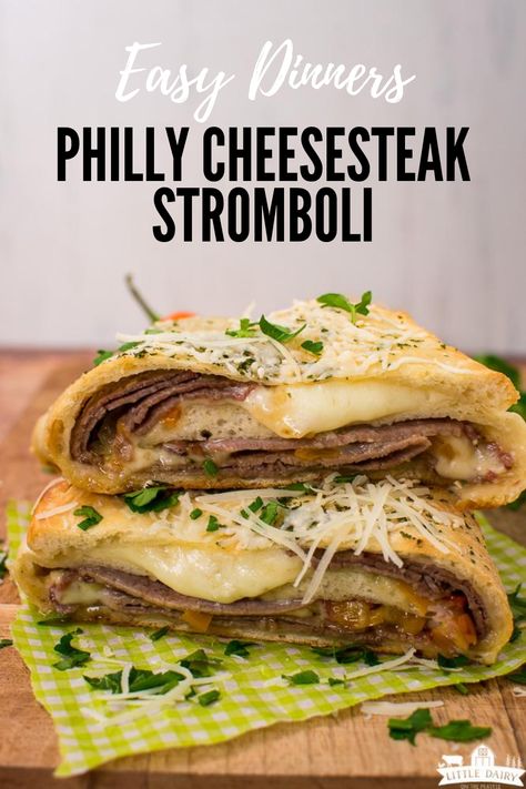 Philly Cheesesteak Stromboli is really similar to a steak and cheese calzone but it's even easier to make! It has layers of deli roast beef, peppers, onions, and sauce all rolled up in pizza dough! I used a loaf frozen Rhodes bread! It's everything you love about Philly Cheese Steak Sandwiches in a fun new way! #Rhodes #phillycheesesteak #deliroastbeef #bakedsandwiches #littledairyontherprairie Steak And Cheese Calzone, Steak Stromboli, Leftover Ribeye, Roast Beef Pizza, Cheesesteak Stromboli, Savory Sandwiches, Cheese Calzone, Stromboli Recipe Easy, Cheesesteak Sandwiches