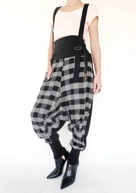 Jersey Cardigan, Harem Trousers, Unisex Pants, Suspender Pants, Long Maxi Skirts, Womens Pants, Pants Casual, Casual Look, Black Plaid