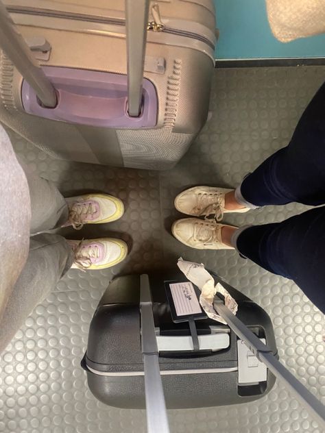 Two girls’ shoes and their suitcases next to them Besties Airport Pictures, Airport Friends Pictures, Travelling With Best Friend Aesthetic, Traveling With My Best Friend, Bff Travel Aesthetic, Two Friends Traveling, Friends Airport Pictures, Airport Aesthetic With Friends, 2 Friends Traveling