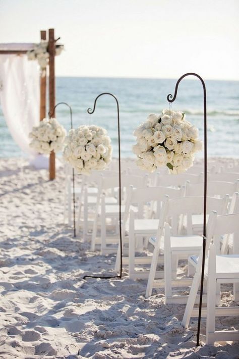 beach wedding in white, i love the floral balls as aisle arrangements leading to the backdrop for the ceremony. Beach Wedding Aisles, Simple Beach Wedding, Wedding Aisle Decorations, Wedding Beach Ceremony, Beach Wedding Inspiration, Beach Ceremony, Beach Wedding Decorations, Beach Wedding Ideas, Beach Wedding Dresses