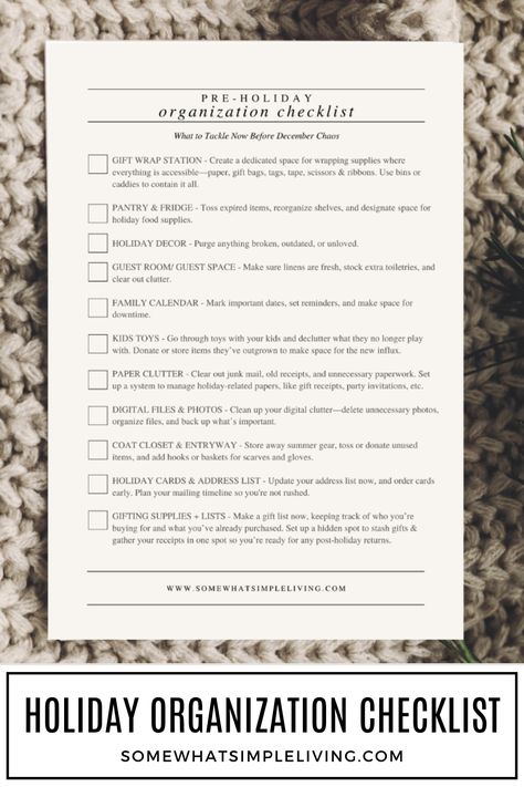 Key areas to tackle before December hits, plus a free printable Pre-Holiday Organization checklist to help keep you on track! via @somewhatsimple Organization Checklist, Clearing Out Clutter, Tangled Lights, Gift Wrapping Station, Holiday Organization, Family Calendar, Clearing Clutter, Holiday Ready, Organization Tips