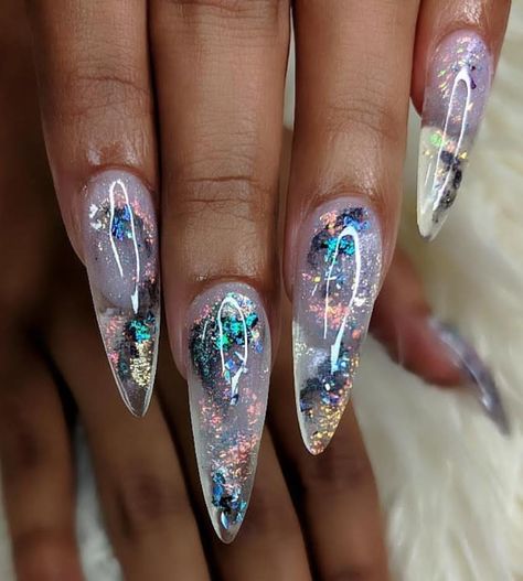 Witch Design Nails, Moon Stone Nails, Dreamy Nail Designs, Encapsulated Almond Nails, Aurora Borealis Nails, Foil Acrylic Nails, Encapsulated Glitter Nails, Opal Nail Designs, Dimensional Nails