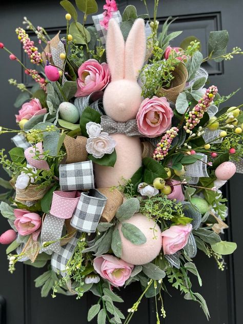 Pink Floral Easter Wreath With Fuzzy Bunny Extra Large Easter - Etsy Flocked Bunny Wreath, Easter Decorations Wreaths & Garlands, Easter Wreath Ideas, Pink Easter Decor, Front Door Modern, Bunny Wreaths, Farmhouse Luxury, Christian Wreath, Easter Porch Decor