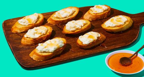 Ricotta & Hot Honey Crostini Recipe | HelloFresh Ricotta And Hot Honey Crostini, Ricotta Hot Honey, Beef Bibimbap, Taco Recipes Mexican, Crostini Recipe, Garlic Sauce Recipe, Milk Nutrition, Crostini Recipes, Hello Fresh Recipes