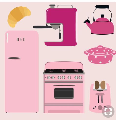 Paper Doll House Kitchen, Pink Retro Kitchen, Paper Doll House, Furniture Free, Pink Retro, Dollhouse Kitchen, Cute Doodle Art, Scrapbooking Embellishments, Vintage Printables