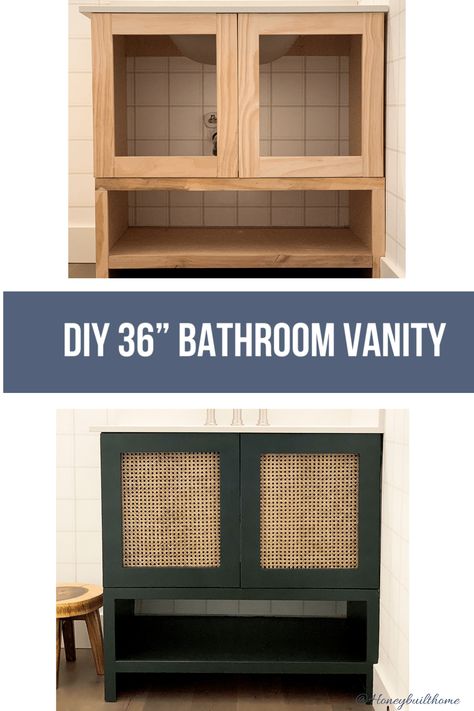 How to build a DIY bathroom vanity cabinet frameless style with shaker doors in jasper green for under $80 Build A Bathroom Vanity, Build A Bathroom, Bathroom Renovation Diy, Diy Bathroom Makeover, 36 Bathroom Vanity, Diy Bathroom Vanity, Shaker Doors, Diy Vanity, Diy Bathroom Remodel