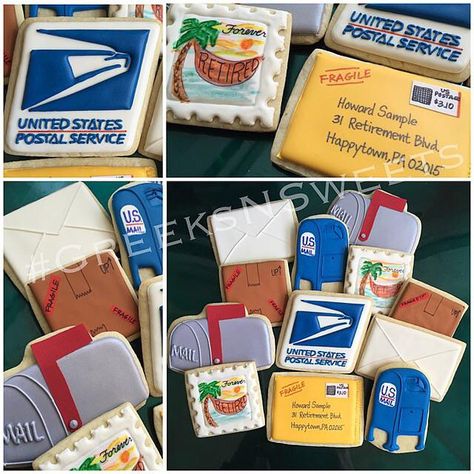 Post Office Retirement | Cookie Connection Post Office Retirement, Postal Worker Retirement Party, Office Retirement Party, Retirement Cookies, Designed Cookies, Mailing Cookies, Retirement Ideas, Icing Techniques, Retirement Party Decorations