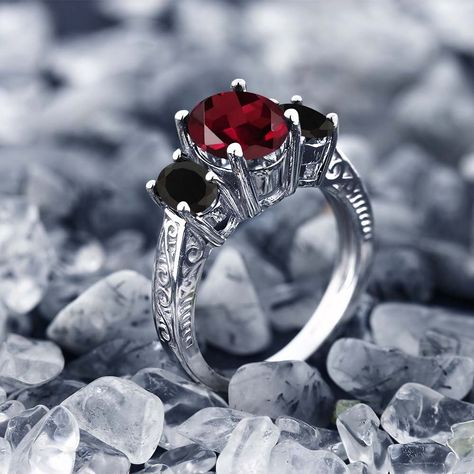 Sterling Silver Red Rhodolite Garnet and Black Onyx 3Stone Womens Ring 2.98 cttw Center Stone: 9X7MM Available in size 5 6 7 8 9 ** You can get additional details at the image link. (This is an affiliate link) #rings Garnet Wedding Rings, Garnet Wedding, January Birthstone Rings, 3 Stone Ring, Tanzanite Diamond Ring, Silver Gift Box, Womens Ring, Handmade Gifts For Her, Rhodolite Garnet