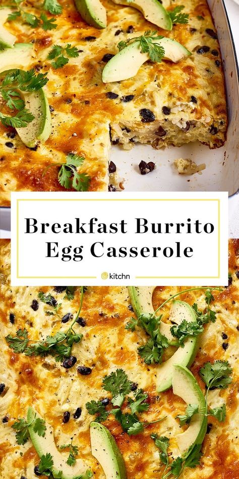 This breakfast burrito egg casserole is a brunch or breakfast crowd-pleaser. It couldn't be easier to whip up AND you can make it ahead of time and just pop it in the oven to warm it up on the morning of. With plenty of black beans, chilis, cheese, avocado and sour cream, it's a home-run. Cheap Brunch Ideas, Vegetarian Breakfast Casserole, Sandwich Vegetarian, Burrito Casserole, Gf Breakfast, Vegetarian Foods, Egg Casserole Recipes, Breakfast Burrito, Recipe Breakfast