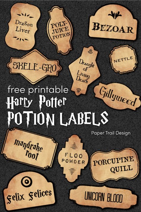 Print these fun free printable Harry Potter potion bottle labels for a fun and easy decor idea for a Harry Potter or Halloween party. #papertraildesign #Harrypotterideas #harrypotterparties #harrypotterpartyideas #remedialpotions #potionbottles #DIY Harry Potter Labels, Harry Potter Potion Labels, Harry Potter Printable, Printable Harry Potter, Harry Potter Party Decorations, Harry Potter Christmas Decorations, Harry Potter Printables Free, Harry Potter Free, Harry Potter Theme Birthday