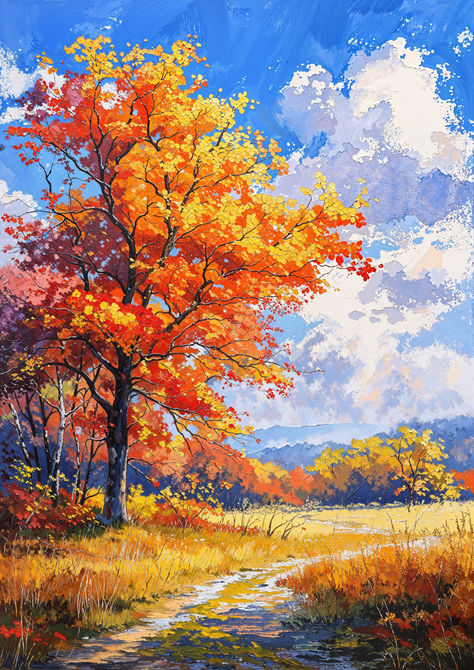 Soft Pastel Fall Paintings, Trees And Sky Painting, Fall Colors Painting, Fall Foliage Painting, Acrylic Autumn Paintings, Nature Oil Painting Landscapes, Autumn Painting Acrylic Easy, Autumn Painting Ideas Easy, Fall Trees Painting