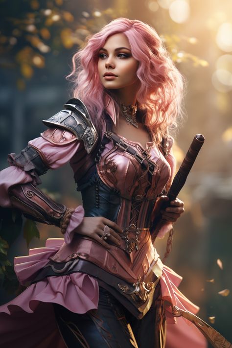 Pink Armor, Pink Warrior, Character Inspiration Female, Gold Armor, Fantasy Inspo, Dnd Classes, D D Character Ideas, Queen Art, Warrior Queen