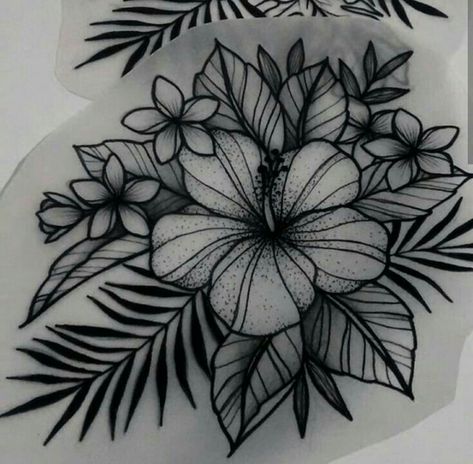 Hawaiian Flower Tattoo Designs, Hawaiian Leaves Tattoo, Hawaiian Hibiscus Tattoo, Tropical Leaves Tattoo, Ocean Flower Tattoo, Hawaiian Flower Tattoo, Tropical Flower Tattoos, Beautiful Spine Tattoos, Ink Tattoo Design