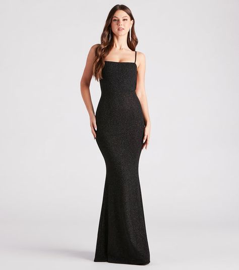 Gwendolyn Glitter Knit Bow-Back Mermaid Dress | Windsor Black Sparkle Dress Backless, Black Glitter Mermaid Dress, Black Sparkle Dress Maxi, Glamorous Black Dress With Bow, Windsor Black Sparkly Dress, Windsor Dresses Prom, Glitter Prom Dresses, Bow Back, Sequin Prom Dresses