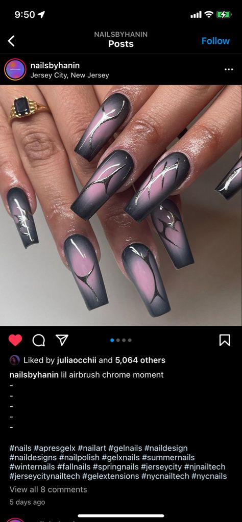 Pink Grey And Black Nails, Grey And Pink Ombre Nails, Grey And Gold Nails Ideas, Gray And Pink Nails Acrylic, Gray And Pink Ombre Nails, Pink And Grey Acrylic Nails, Black And Pink Ombré Nails, Pink And Grey Nail Ideas, Pink And Grey Ombre Nails