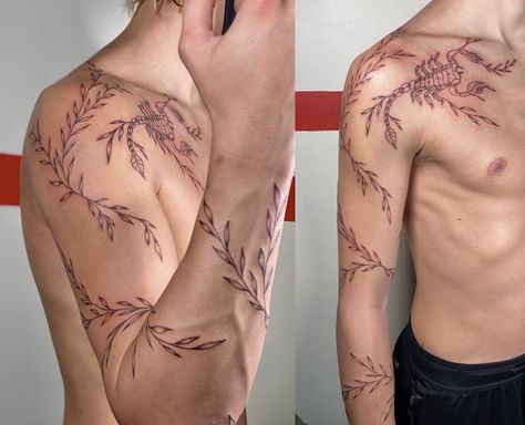 Tattoo Ideas For Men Spine, Vine Tattoo Men Chest, Fine Line Neck Tattoo Men, Red Ink Tattoo Men, Floral Men’s Sleeve Tattoo, Male Plant Tattoo, Vine Shoulder Tattoo Men, Realistic Vine Tattoo, Leaves Around Neck Tattoo